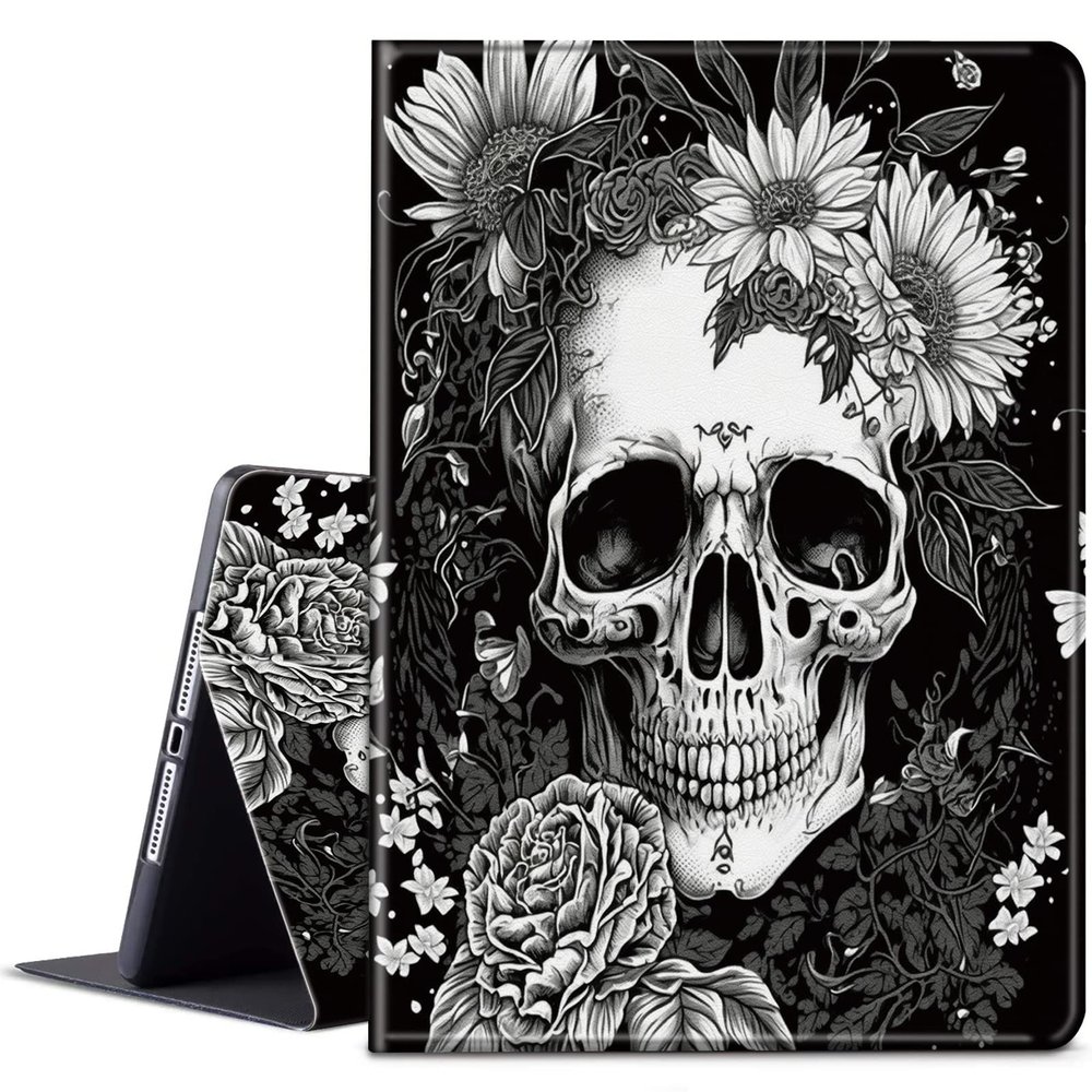 BPQOJB for Kindle Paperwhite 10th Gen 2018 6" E-Reader Case with Adjustable Stand & Auto Wake/Sleep - Skull Flowers