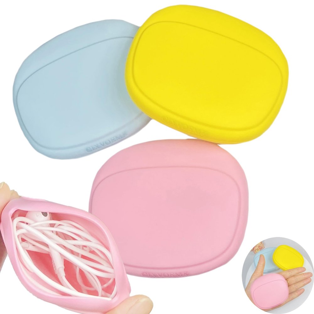 CIXVOEMK Silicone Headphone Organizer - Data Cable Storage Case - Mini Key Box - Portable Wired Headset Storage Bag (Yellow-Pink-Blue-3PCS)