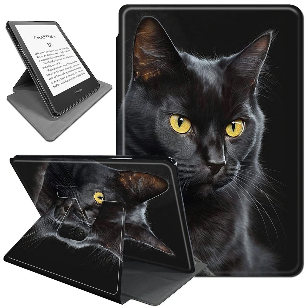 Rotating Case for 6.8" Kindle Paperwhite (11th Generation 2021) and Kindle Paperwhite Signature Edition,360 Degree Rotating Stand Fold Protective Smart Cover for Black Cat Cool