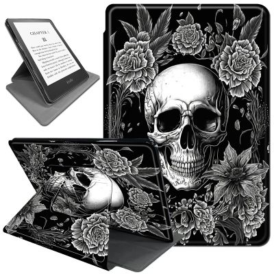 Rotating Case for 6.8" Kindle Paperwhite (11th Generation 2021) and Kindle Paperwhite Signature Edition,360 Degree Rotating Stand Fold Protective Smart Cover for Black Skull Flower