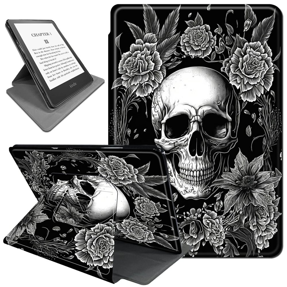 Rotating Case for 6.8" Kindle Paperwhite (11th Generation 2021) and Kindle Paperwhite Signature Edition,360 Degree Rotating Stand Fold Protective Smart Cover for Black Skull Flower