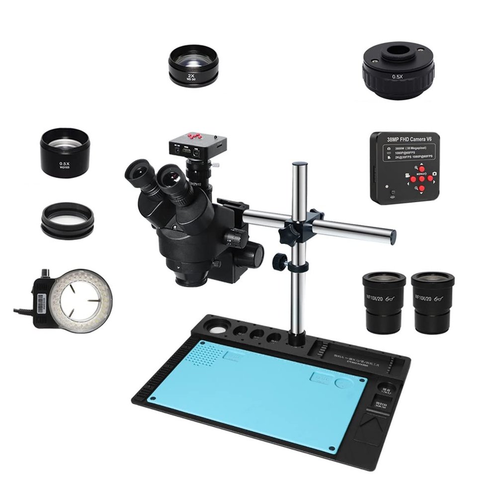 3.5X-90X Simul-Focal Continuous Zoom Trinocular Stereo Microscope 38MP HDMI USB Microsopio Camera 1/2 CTV Adapter Big Workbench w/Black aliuminum pad (Color : 38MP 0.5X C Mount)