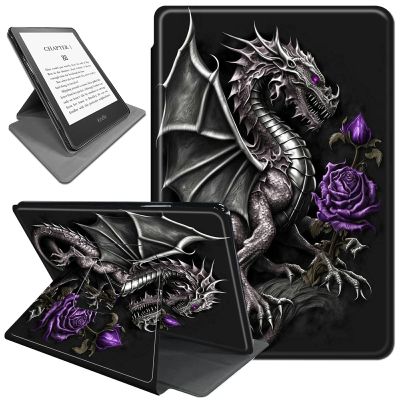 Rotating Case for 6.8" Kindle Paperwhite (11th Generation 2021) and Kindle Paperwhite Signature Edition,360 Degree Rotating Stand Fold Protective Smart Cover for Dragon with Purple Rose