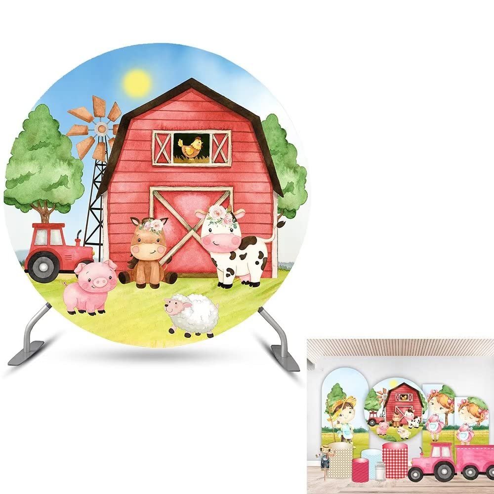 KONPON Farm Round Backdrop 6x6ft Red Barn Background for Birthday Party Decoration Baby Shower Cake Table Banner Round Props HP-492