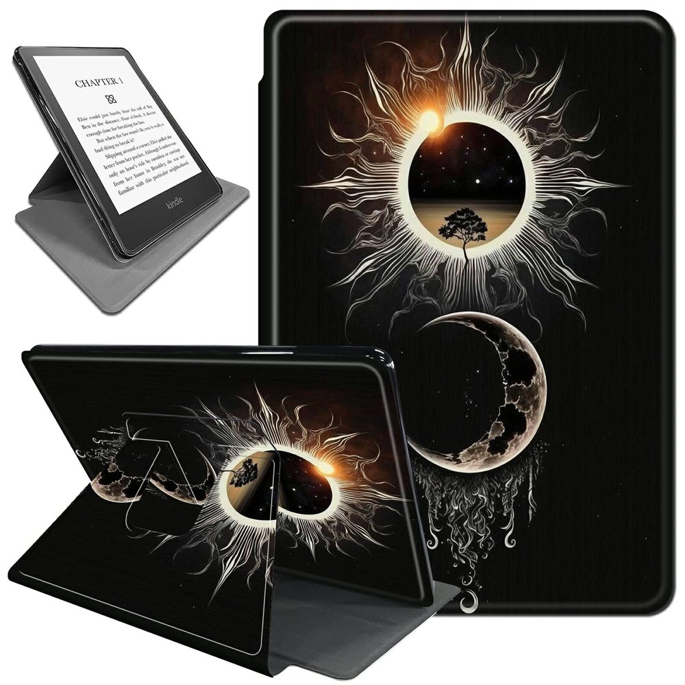 360 Rotating Case Compatible with Kindle Paperwhite 11th Generation 2021 6.8" & Kindle Paperwhite Signature Edition, Slim Protective Cover with Multi-Angle Stand & Auto Sleep/Wake, Moon Sun Black