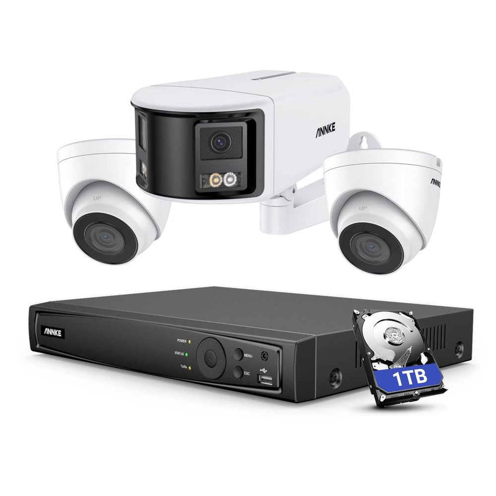 ANNKE PoE Security Camera System Outdoor,1x 6MP Dual-Lens 180CCTV Camera and 2X 5MP Wired IP Cameras with Human Vehicle Detection, 8MP/8CH NVR Recorder with 1TB HDD for 24-7 Recording