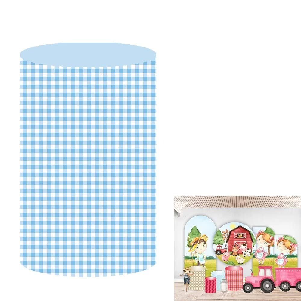 KONPON Farm Theme Cylinder Plinth Covers for Birthday Party Decorations Blue and White Squares Pedestal Cover Baby Shower Banner Plinth Cover Props HP-494-22.1''X26.5''