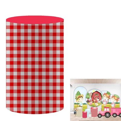 KONPON Farm Theme Cylinder Plinth Covers for Birthday Party Decorations Red and White Squares Pedestal Cover Baby Shower Banner Plinth Cover Props HP-493-11.8''X21.6''