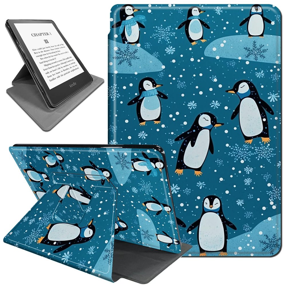 Rotating Case for 6.8" Kindle Paperwhite (11th Generation 2021) and Kindle Paperwhite Signature Edition,360 Degree Rotating Stand Fold Protective Smart Cover for Penguin in Blue