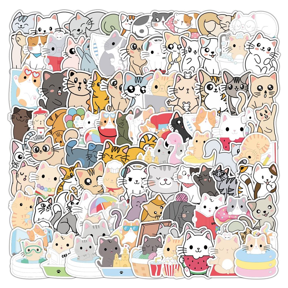 100 Pcs Cute Cat Stickers, Aesthetic Cat Waterproof Vinyl Stickers for Water Bottle Kids Adults Girls Women Kitten Stickers