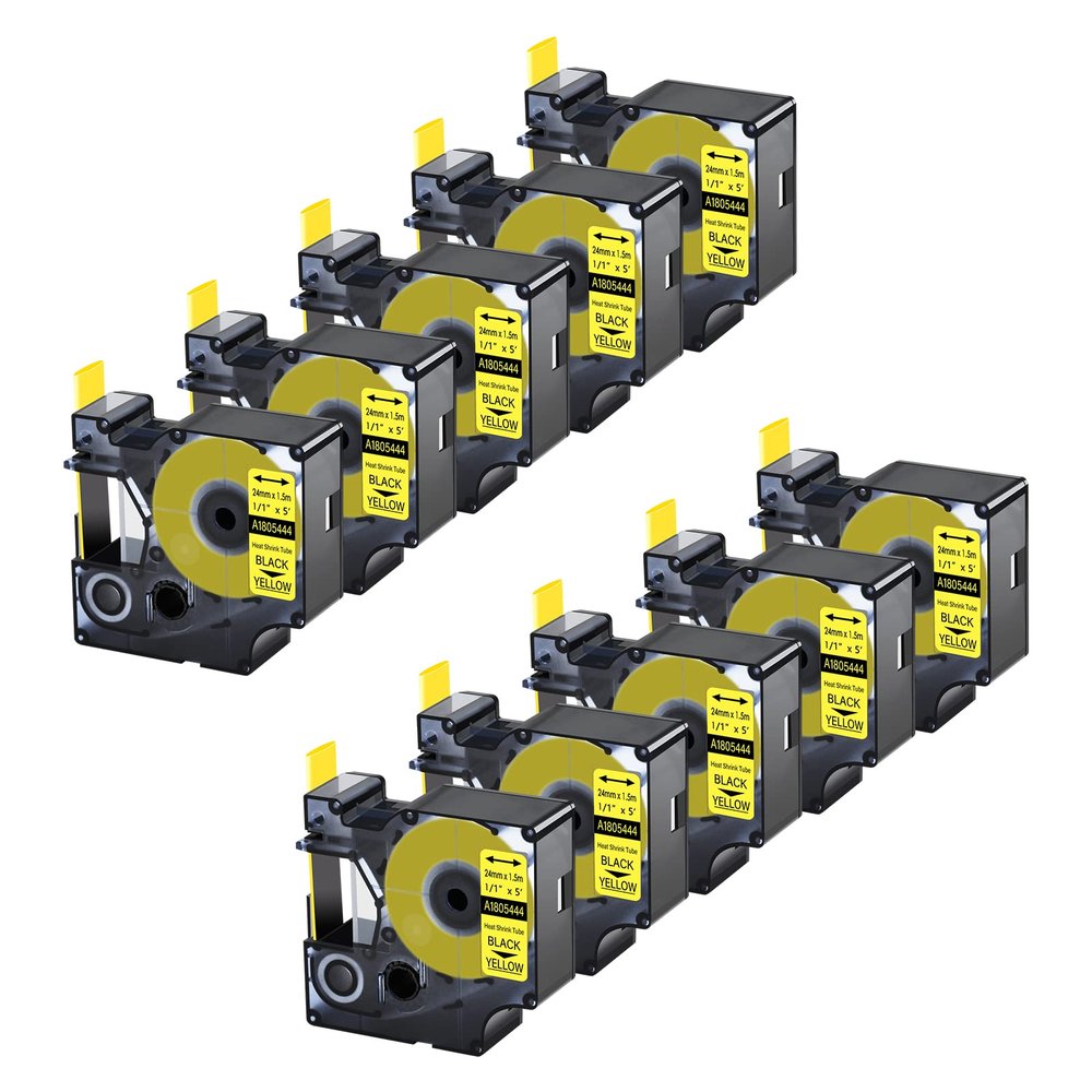 10 Pack Compatible with DYMO 1805444 Rhino Industrial Heat Shrink Tube Labels 24mm 1.5m 1" x5ft Black on Yellow Industry Label Tape Wire Tapes for DYMO Rhino Pro 6000 6500 Rhino Label Marker Printers