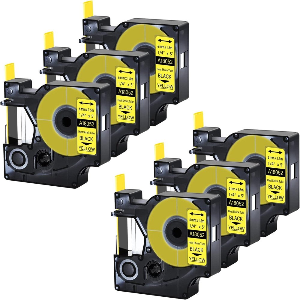 Cruxer 6 Pack Replacement for Rhino A18052 18052 1/4" 6mm Heat Shrink Tube Black on Yellow Industrial Wire Label Tape for Rhino 4200 Rhino 5000 Rhino 5200 Rhino 6000 Label Maker