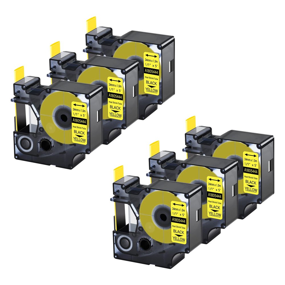 6 Pack Compatible with DYMO 1805444 Rhino Industrial Heat Shrink Tube Labels 24mm 1.5m 1" x5ft Black on Yellow Industry Label Tape Wire Tapes for DYMO Rhino Pro 6000 6500 Rhino Label Marker Printers