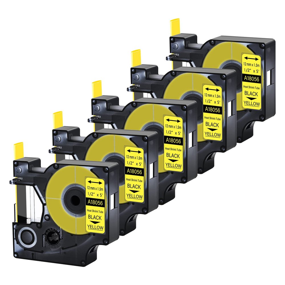 Cruxer 5 Pack Replacement for Rhino A18056 18056 1/2" 12mm Heat Shrink Tube Black on Yellow Industrial Wire Label Tape for Rhino 4200 Rhino 5000 Rhino 5200 Rhino 6000 Label Maker