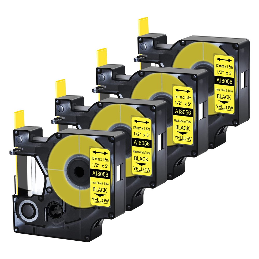 Cruxer 4 Pack Replacement for Rhino A18056 18056 1/2" 12mm Heat Shrink Tube Black on Yellow Industrial Wire Label Tape for Rhino 4200 Rhino 5000 Rhino 5200 Rhino 6000 Label Maker