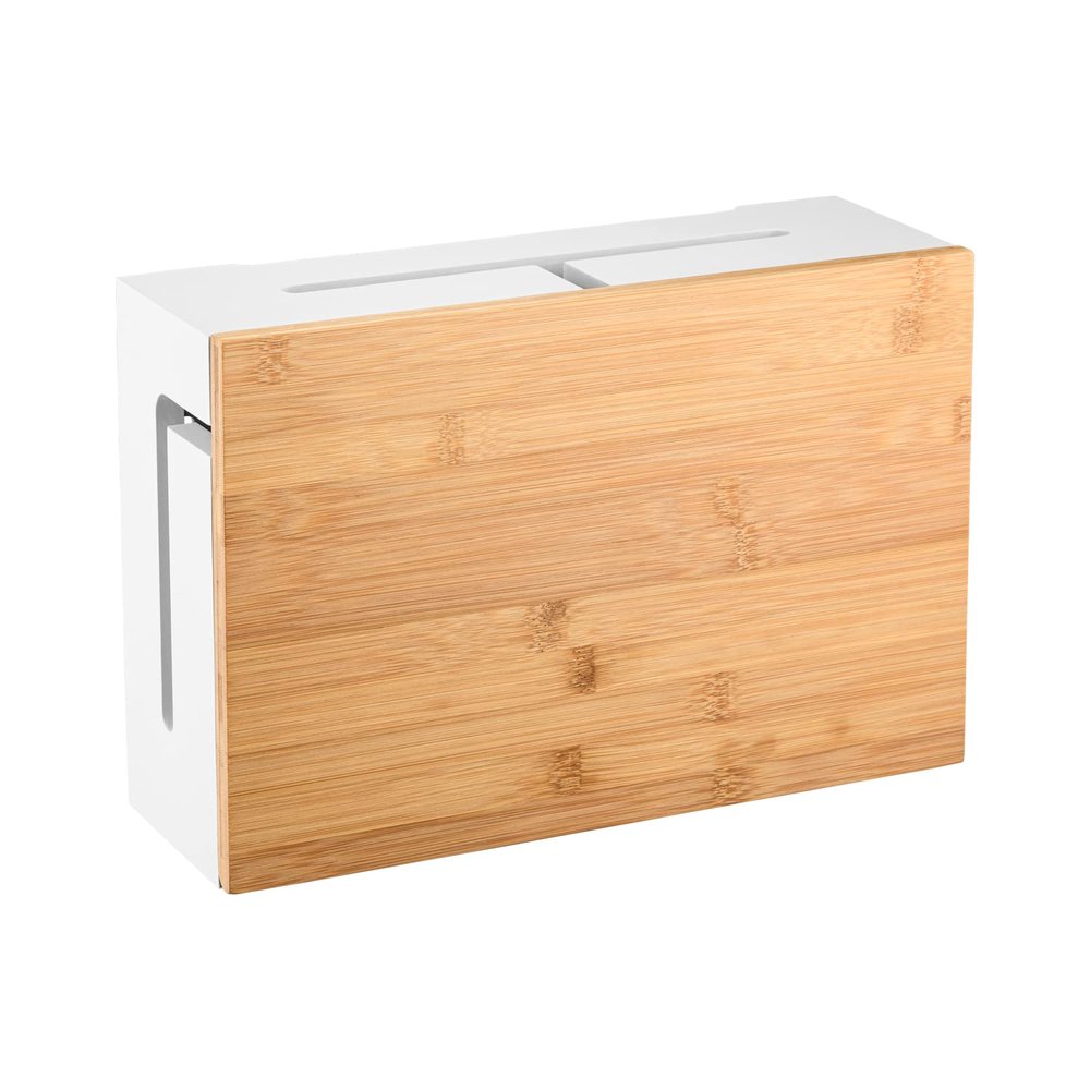 Bamboo Cable Management Box with Magnetic Lid - 12,6x7,9x4.3 in - Durable Cable Organizer to Hide Cords & Power Strip - Wall Mountable - Including Hardware - for Home, Office, Desk & More (White)