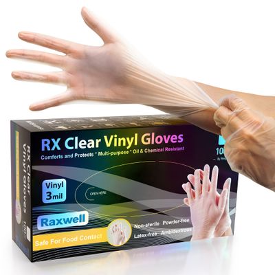 Raxwell 3 Mil Vinyl Disposable Gloves - Food Safe Disposable - Food Handling & Prep - Latex & Powder Free Cleaning - Large, Clear, Pack of 100