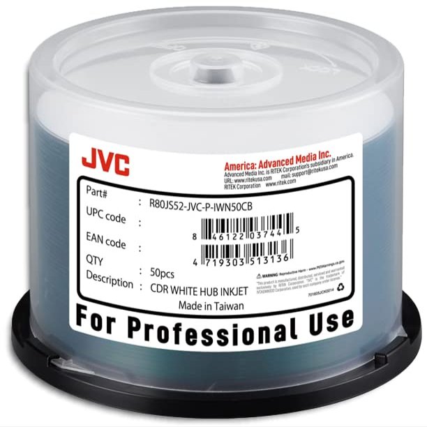 100-Pak JVC (Ritek Pro) White Inkjet Hub 52X 80-Min CD-R's in Cakebox (2 x 50-Pak)