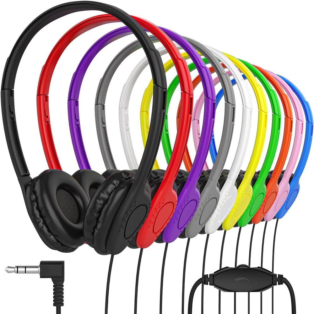 Maeline Bulk Classroom Student Headphones with Volume Control, On Ear Stereo Headphones with Faux Leather Cushions for Kids Online Learning, Library, School, Airplane, Travel - 3.5mm Plug - 300 Pack