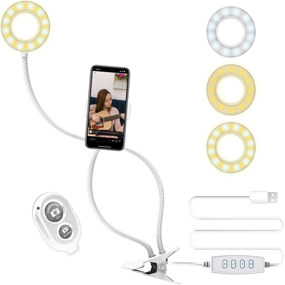eDealz Live Streaming Light Vlogging Kit with Clamping Flexible 360 Ring Light, Three Light Modes, Smart Phone Holder and Wireless Remote