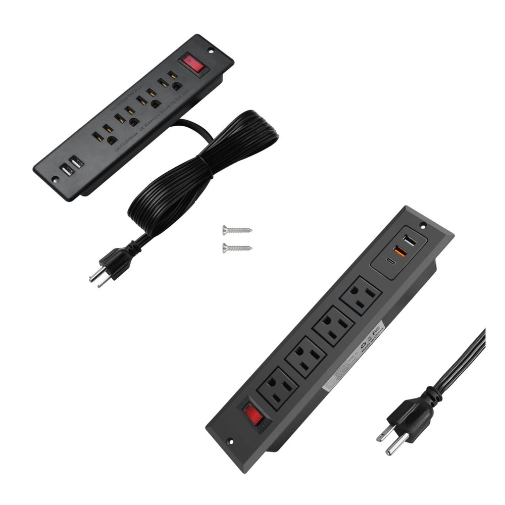 Fast Charge Mountable Power Strip USB C Recessed Power Strip Desk Power Outlet Insert in End Table Sofa Behind Ledge Vanity Drawer Counter Black