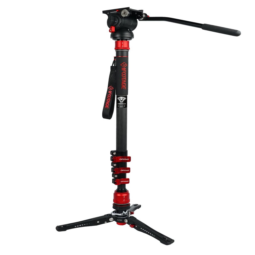 IFOOTAGE Monopod with Fluid Head Cobra 3 C180F-P + K5S, 71" Travel Monopod with Head Carbon Fiber Video Mono pod Kit for Cameras Canon Nikon Sony Olympus Panasonic DSLR Camera, Payload 17.64Lbs/8KG