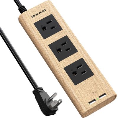 Power Strip 10Ft, JACKYLED Surge Protector with 3 Outlets and 2 USB Ports, Flat Plug Extension Cord 10 Feet, Desktop Charging Stations for Home Office Dorm Room, Light Wood Grain