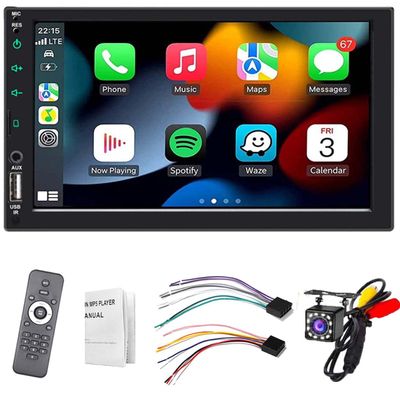 Double Din Bluetooth Car Stereo 7 inch Touch Screen Compatible with Wireless Apple CarPlay and Android, Voice Control and Hands Free Calling, with FM/USB/AUX Port, Mirror Link for Android/iOS