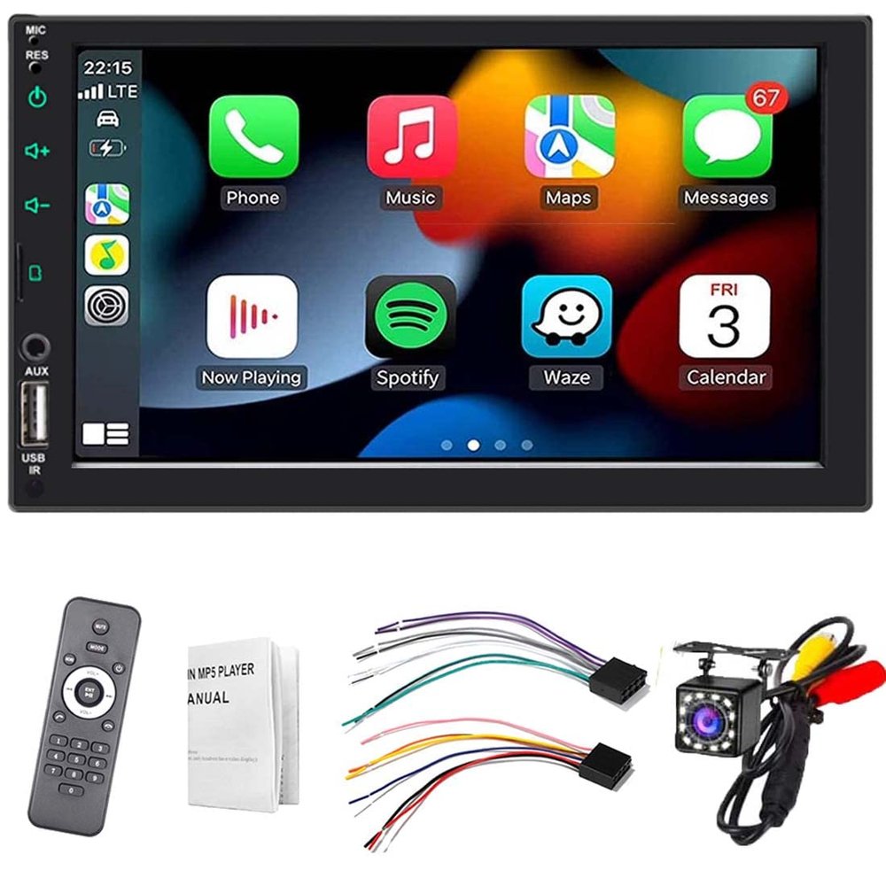 Double Din Bluetooth Car Stereo 7 inch Touch Screen Compatible with Wireless Apple CarPlay and Android, Voice Control and Hands Free Calling, with FM/USB/AUX Port, Mirror Link for Android/iOS