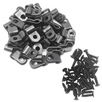 Alamic Cable Clamp R-Type Cable Clip Wire Clamp 3/16" Nylon Screw Mounting Cord Fastener Clips with Screws for Wire Management - Black - 50 Pcs
