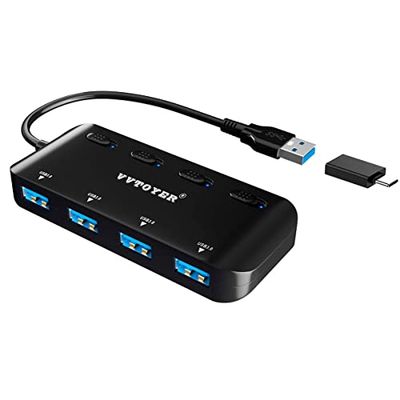 4-Port USB 3.0 Hub, VVTOYER Portable USB Hub Splitter for Laptop, with Individual Power Switch and USB-C Adapter