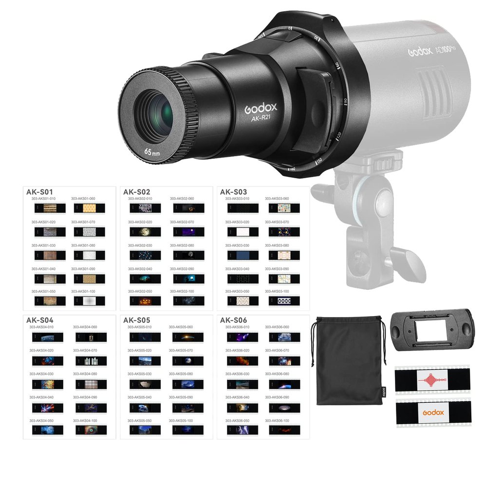 Godox AK-R21 Camera Flash with 65mm Projection Lens and 60pcs Transparency Set for Godox AD100Pro V1 Round Head Flash Speedlite, with Godox H200R for AD200 AD200Pro Monolight