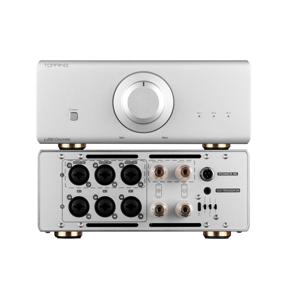Topping LA90 Discrete NFCA Power Amplifier 120Wx2 High Power AMP, 3 x XLR/TRS Inputs, Selectable Stereo/Mono Mode, VOL/Bypass Mode, Used with D90SE A90 Discrete Pre90 (Sliver)