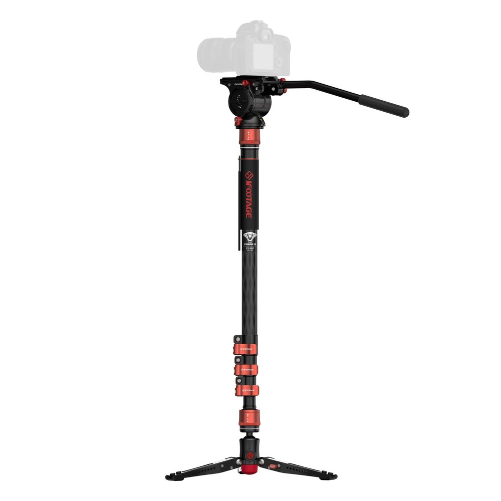 IFOOTAGE Monopod with Fluid Head, C180F & Komodo K5S, Carbon Fiber Monopod with Feet, Aluminum Video Head, Professional Travel Photography Set, Compatible with Nikon, Canon Sony DSLR Camera