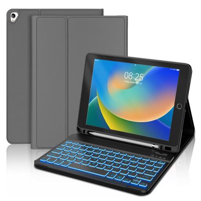 BORIYUAN iPad 9th 2021/8th/7th Generation Keyboard Case, Detachable Bluetooth Keyboard with 7 Colors Backlit, Slim Folio Cover with Pencil Holder for iPad 10.2"/iPad Air 3rd Gen/iPad Pro 10.5" Grey