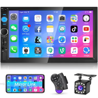 NHOPEEW Double Din Bluetooth Car Stereo - 7 Inch Touch Screen Car Radio with Mirror Link/FM/SWC/EQ Audio/Seven Color Backlight/AUX/USB/SD Input + Backup Camera