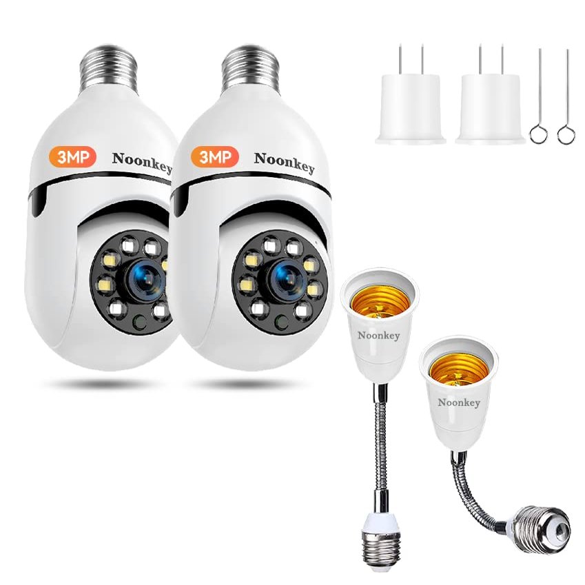 Noonkey 3MP Light Bulb Security Camera and Light Socket Extender, WiFi Security Cameras with Alexa, Automatic Human Tracking, Motion Zones Detection Alarm, Color Night Vision, 2-Pack