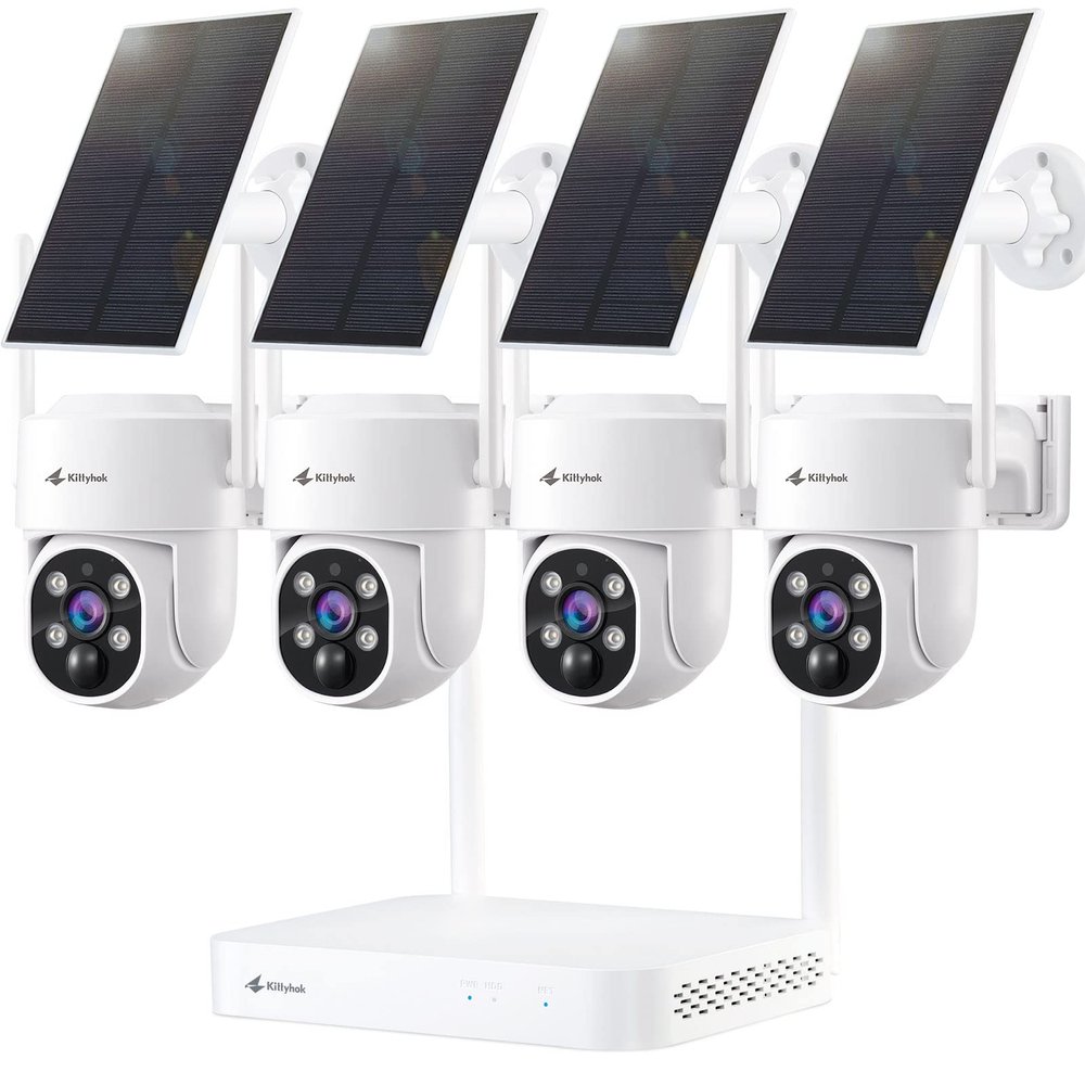 Kittyhok Solar Security Cameras Wireless Outdoor, 360 Pan & Tilt Home Security Camera, No Subscription, 2K Clarity, Color Night Vision, WiFi6 NVR with 64GB microSD Card, Local Storage, 5G & 2.4G WiFi