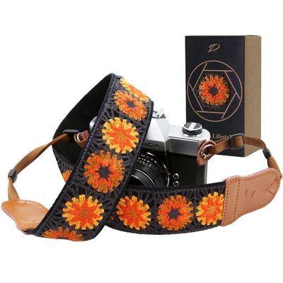 Padwa Lifestyle Hollow Crochet Orange Daisy Camera Strap - Double Layer Cowhide Ends,2" Cotton Vintage Camera Straps, Adjustable Neck Shoulder Strap for All DSLR Cameras,Great Gift for Photographers