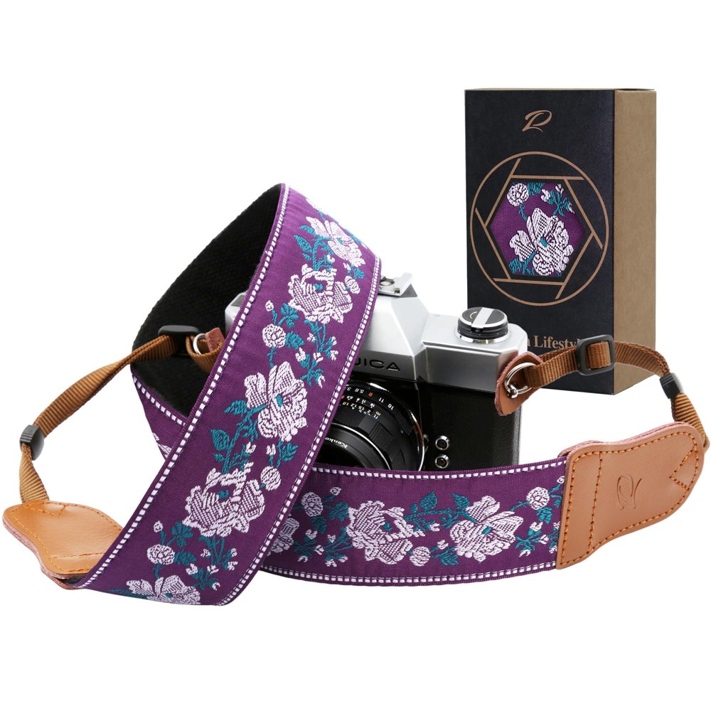 Padwa Lifestyle Purple Flowers Embroidered Camera Strap - Double Layer Cowhide Ends,2" Cotton Vintage Camera Straps, Adjustable Neck & Shoulder Strap for All DSLR Cameras,Great Gift for Photographers