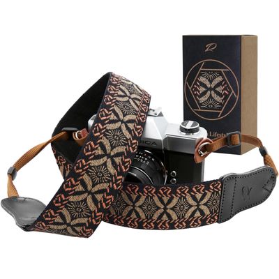 Padwa Lifestyle Mystic Grey Embroidered Camera Strap - Double Layer Cowhide Ends,2" Cotton Woven Camera Straps, Adjustable Vintage Neck&Shoulder Strap for All DSLR Cameras,Great Gift for Photographers