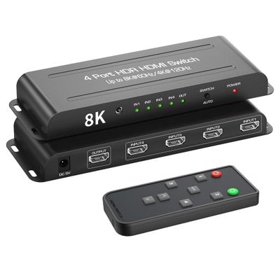 8K HDMI 2.1 Switch 4 in 1 Out, FERRISA 4K@120Hz HDMI Switcher Selector 4 Port with IR Remote Support 8K@60Hz, Auto Switch, HDCP 2.3, HDR 10+, VRR, CEC for Xbox, PS5, Fire Stick, Projector