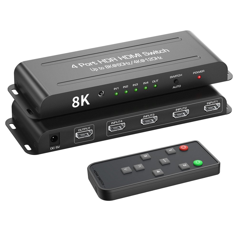 8K HDMI 2.1 Switch 4 in 1 Out, FERRISA 4K@120Hz HDMI Switcher Selector 4 Port with IR Remote Support 8K@60Hz, Auto Switch, HDCP 2.3, HDR 10+, VRR, CEC for Xbox, PS5, Fire Stick, Projector