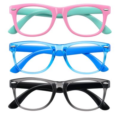 Okany Blue Light Glasses for Kids 3 Pack Blue Light Blocking Glasses for Teen Boys Girls Age 3-10,Computer Screen Gaming TV Phone Glasses Anti Glare,UV & Eye Strain (Grey Black+Pink Green+Blue)