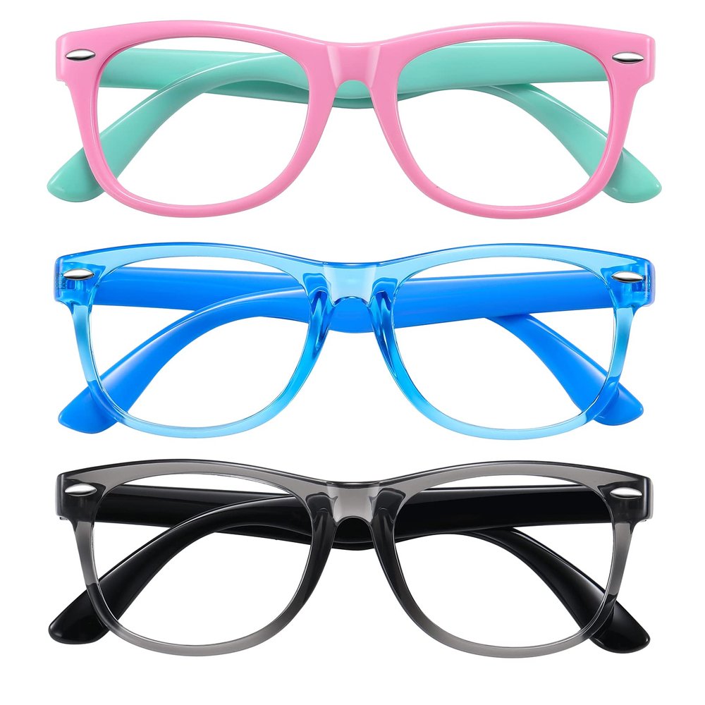 Okany Blue Light Glasses for Kids 3 Pack Blue Light Blocking Glasses for Teen Boys Girls Age 3-10,Computer Screen Gaming TV Phone Glasses Anti Glare,UV & Eye Strain (Grey Black+Pink Green+Blue)