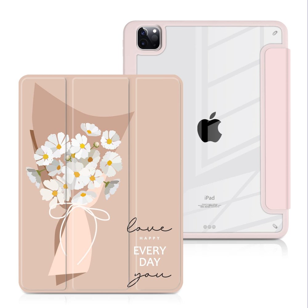 Batianda Hybrid Case for iPad Pro 11-inch 2022 4th M2 2021 (3rd Generation) / iPad Pro 11" 2nd 2020 [Built-in Pencil Holder] Shockproof Cover with Clear Transparent Back Shell TPU Bumper,Bouquet