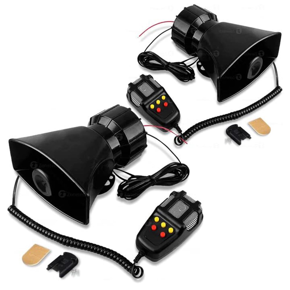 Zone Tech 5 Tone Sound Car Siren Vehicle Horn with Mic PA Speaker System Emergency Audio Amplifier - 60W Emergency Electric Hooter/Ambulance/Traffic Noise 2 Pack