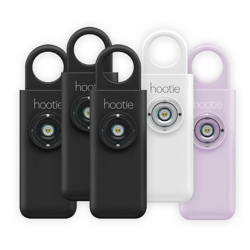 Hootie Personal Keychain Alarm for Women, Men, and Kids Protection - Hand Held Safety Siren, Black, White, and Lavender (5 Pack)
