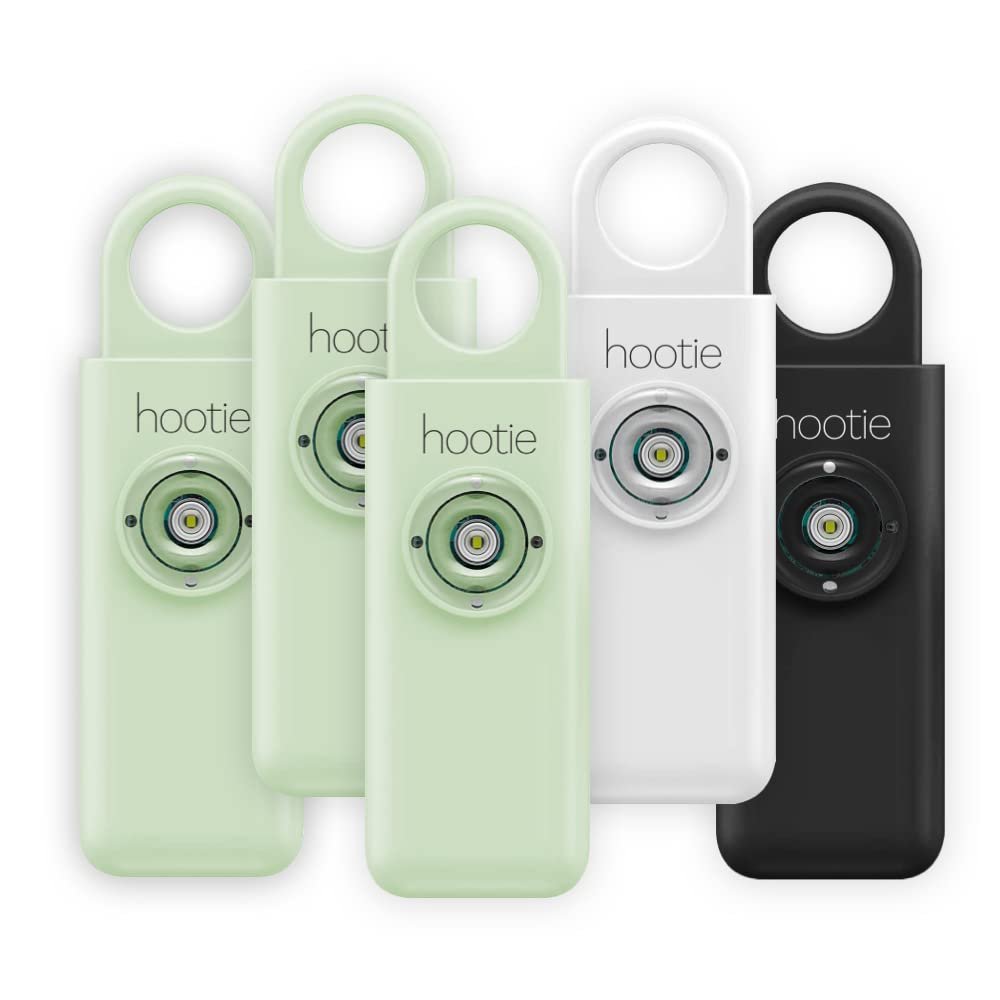 Hootie Personal Keychain Alarm for Women, Men, and Kids Protection - Hand Held Safety Siren, Mint, White, and Black (5 Pack)