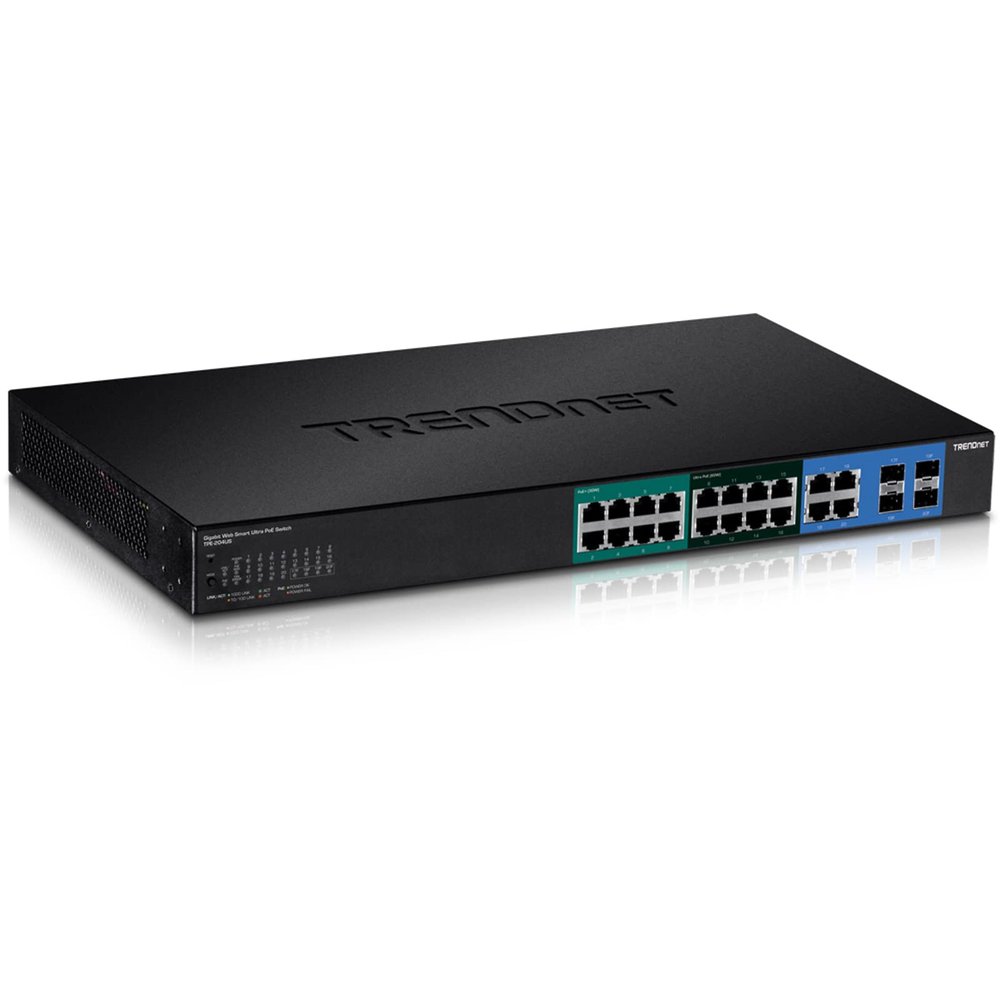 TRENDnet 20-Port Gigabit Web Smart Ultra PoE Switch with 8 x Gigabit UPoE Ports, 8 x Gigabit PoE+ Ports 4 Shared Gigabit Ports (RJ-45 or SFP), VLAN, QoS, IPv6 Support, TPE-204US (Renewed)